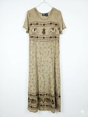 Bila Beige/Khaki Embroidered Elephant Motif Maxi Dress